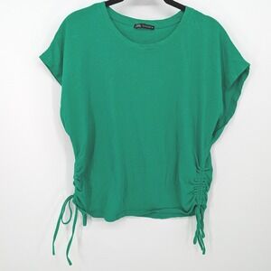 Zara T-Shirt Womens Large Forest Green Ruched Short Sleeve Crew Neck Cotton